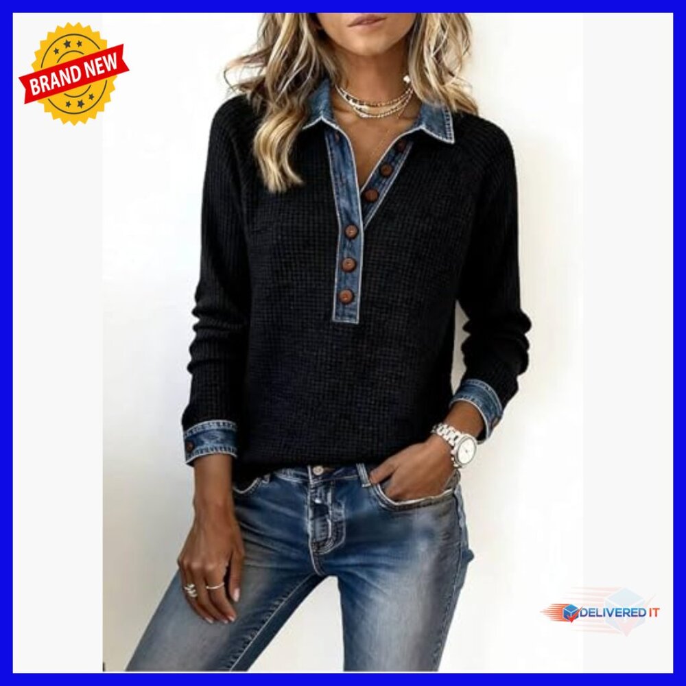 Denim Patchwork Tunic Top With Collar Buttons Loo… - image 3